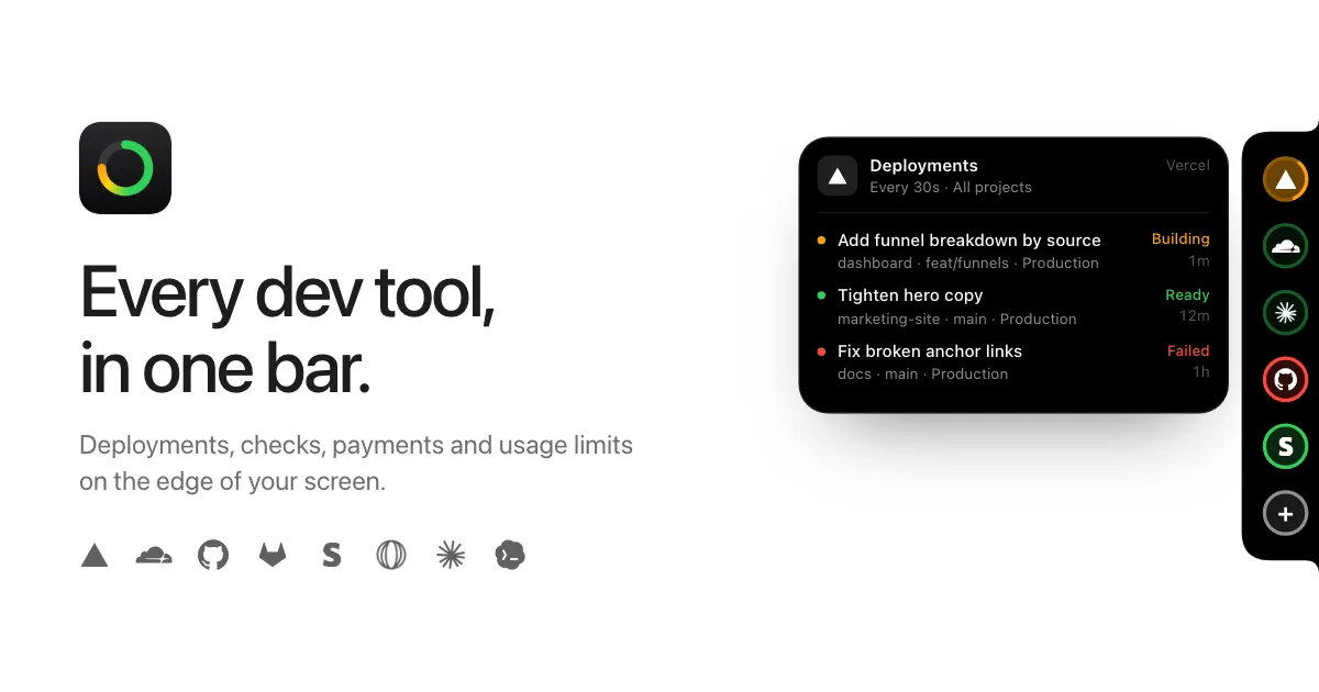 Kitbar's macOS developer status bar showing Vercel deployments, build statuses, and integrations for GitHub, Cloudflare, Stripe, and other developer tools.