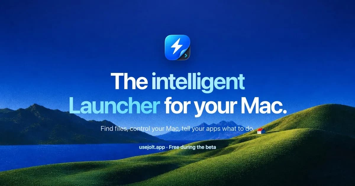 Jolt Mac launcher promotional banner featuring a lightning bolt app icon, blue sky, green hills, and text highlighting intelligent file search, Mac controls, and app commands.