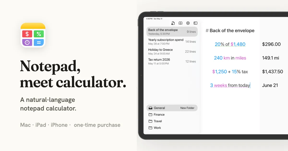Soulver natural-language notepad calculator opengraph image showing its app icon, tagline, and iPad interface with calculations, unit conversions, percentages, and dates.